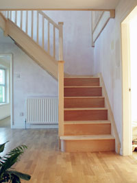 Quarter landing staircase in White fir hemlock with stop chamfered newel posts and balusters